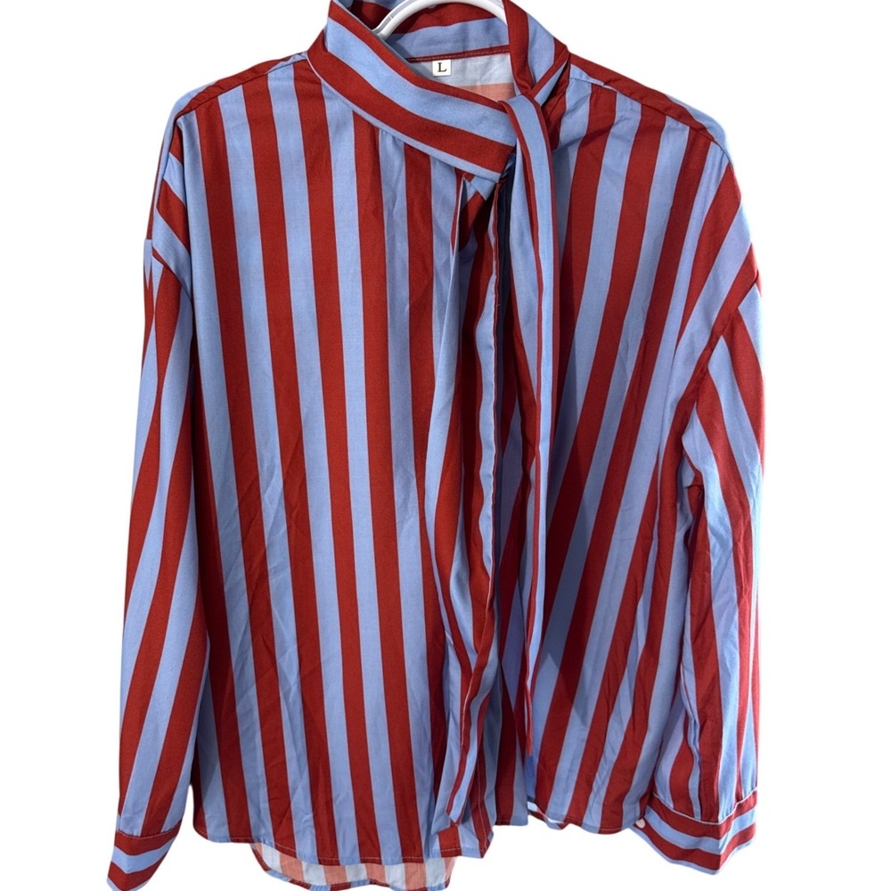 Shein Red and Light Blue Striped Tie Neck Blouse Long Sleeve Top Large